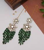 Gold tone green dangling beads kundan kanauti earrings
