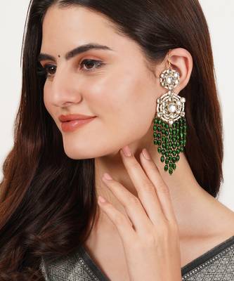 Gold tone green dangling beads kundan kanauti earrings 2