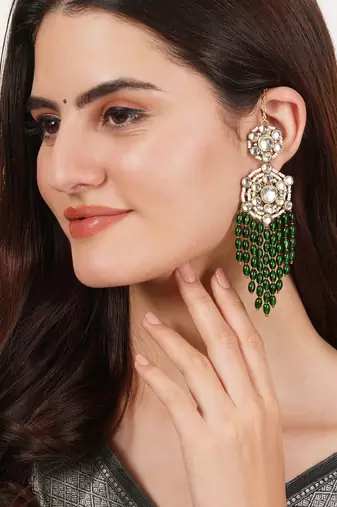 Gold tone green dangling beads kundan kanauti earrings