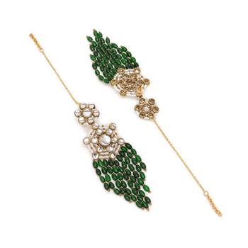 Gold tone green dangling beads kundan kanauti earrings 4