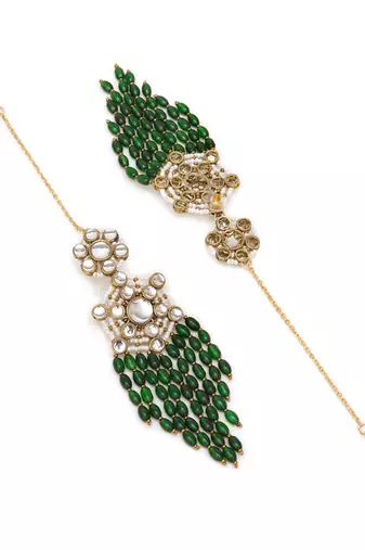 Gold tone green dangling beads kundan kanauti earrings