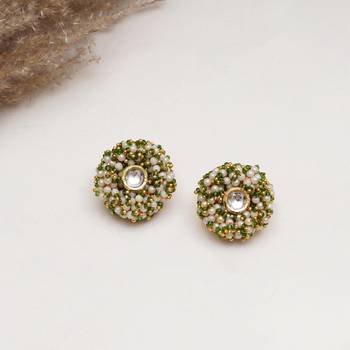 Gold tone green & white garden of pearl kundan earrings 1