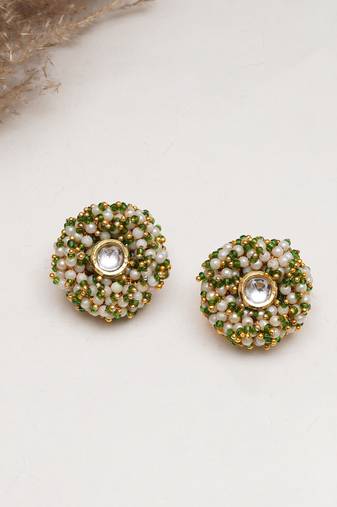 Gold tone green & white garden of pearl kundan earrings