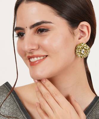 Gold tone green & white garden of pearl kundan earrings 2