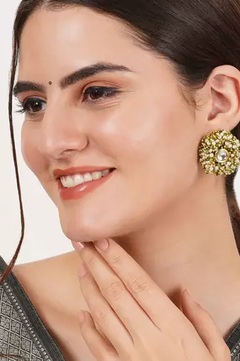 Gold tone green & white garden of pearl kundan earrings