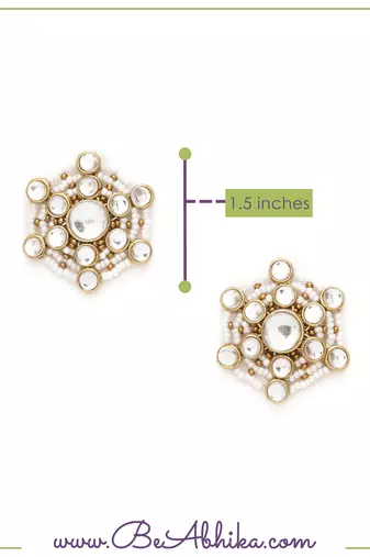 Golden tone kundan & white pearls studs