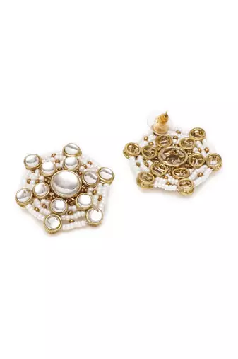 Golden tone kundan & white pearls studs