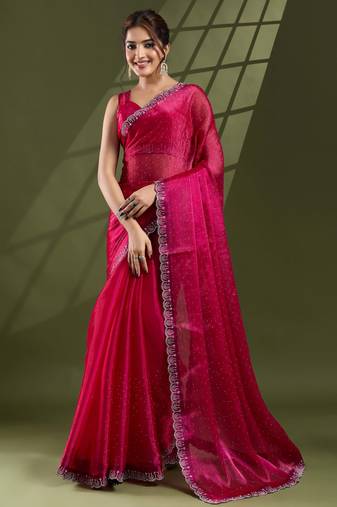 rani silk blend swaroski work saree with unstitched blouse