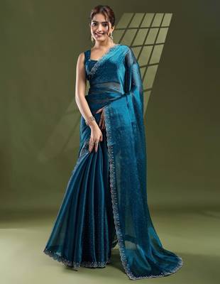 teal silk blend swaroski work saree with unstitched blouse 1