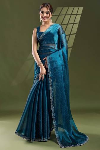 teal silk blend swaroski work saree with unstitched blouse