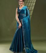 teal silk blend swaroski work saree with unstitched blouse