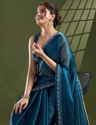 teal silk blend swaroski work saree with unstitched blouse 2