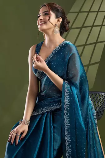 teal silk blend swaroski work saree with unstitched blouse