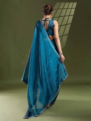 teal silk blend swaroski work saree with unstitched blouse 3