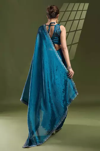 teal silk blend swaroski work saree with unstitched blouse