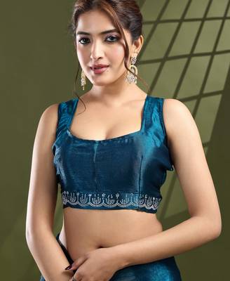 teal silk blend swaroski work saree with unstitched blouse 4