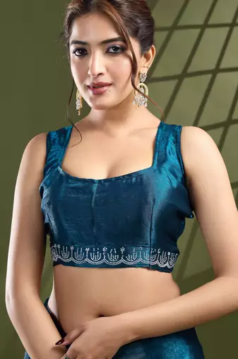 teal silk blend swaroski work saree with unstitched blouse