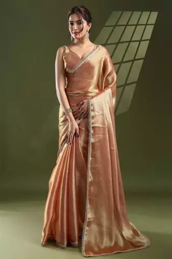 peach silk blend saree with unstitched blouse