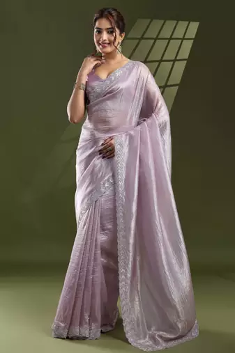 lilac silk blend swaroski work saree with unstitched blouse