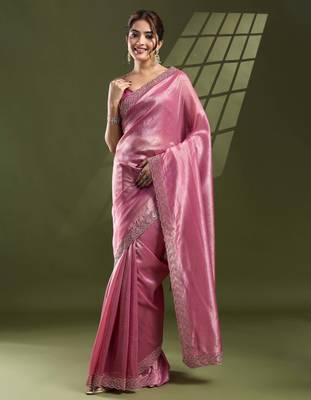 pink silk blend swaroski work saree with unstitched blouse 1
