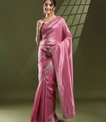 pink silk blend swaroski work saree with unstitched blouse