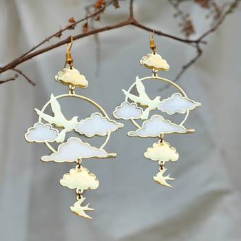 Clouds & birds white resin earrings 1
