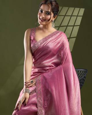 pink silk blend swaroski work saree with unstitched blouse 2