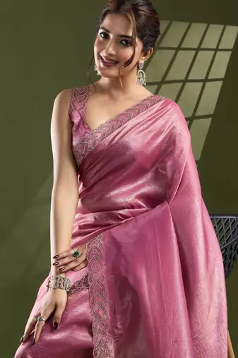 pink silk blend swaroski work saree with unstitched blouse