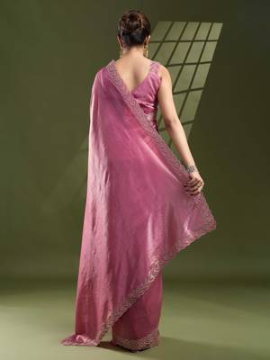 pink silk blend swaroski work saree with unstitched blouse 3