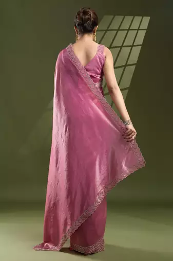 pink silk blend swaroski work saree with unstitched blouse