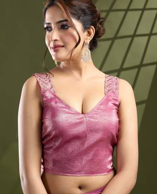 pink silk blend swaroski work saree with unstitched blouse 4