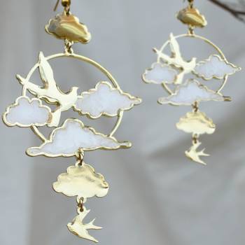 Clouds & birds white resin earrings 3