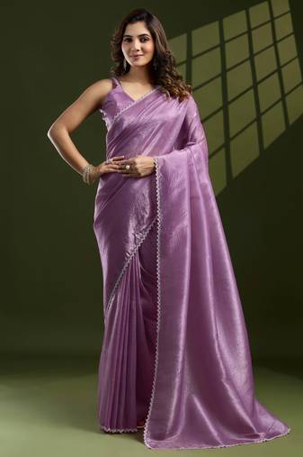 lavender silk blend swaroski work saree with unstitched blouse