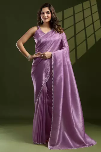 lavender silk blend swaroski work saree with unstitched blouse