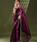 wine silk blend swaroski work saree with unstitched blouse