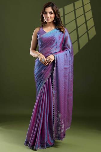 purple silk blend swaroski work saree with unstitched blouse