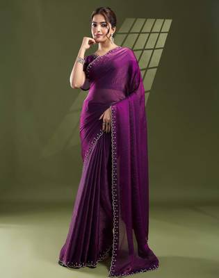 purple silk blend swaroski work saree with unstitched blouse 1