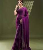 purple silk blend swaroski work saree with unstitched blouse
