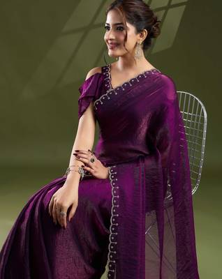 purple silk blend swaroski work saree with unstitched blouse 2