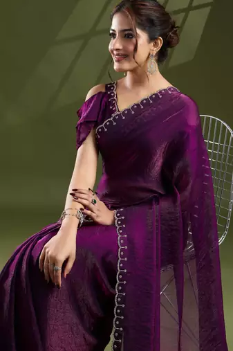 purple silk blend swaroski work saree with unstitched blouse