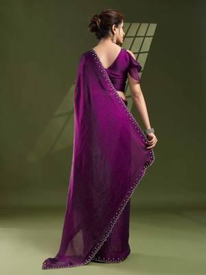 purple silk blend swaroski work saree with unstitched blouse 3