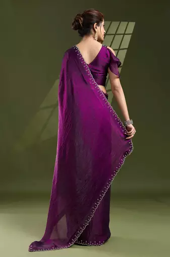 purple silk blend swaroski work saree with unstitched blouse
