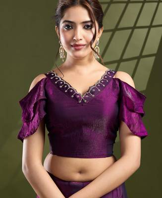 purple silk blend swaroski work saree with unstitched blouse 4