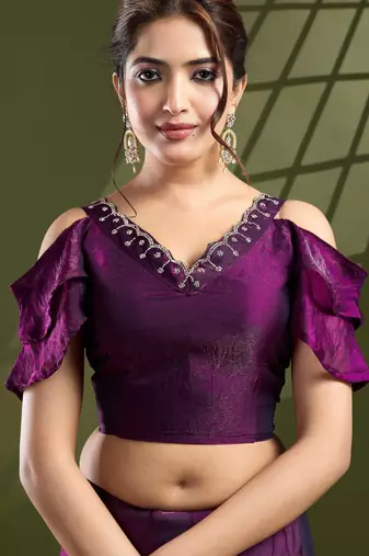 purple silk blend swaroski work saree with unstitched blouse
