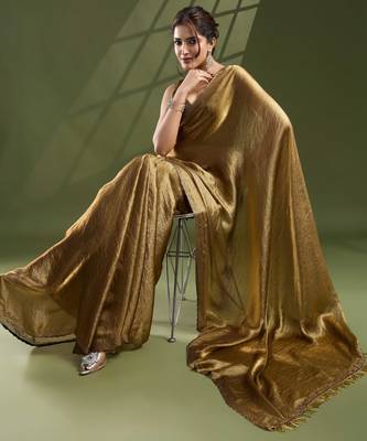 Women's gold silk blend swaroski work saree with unstitched blouse piece 1