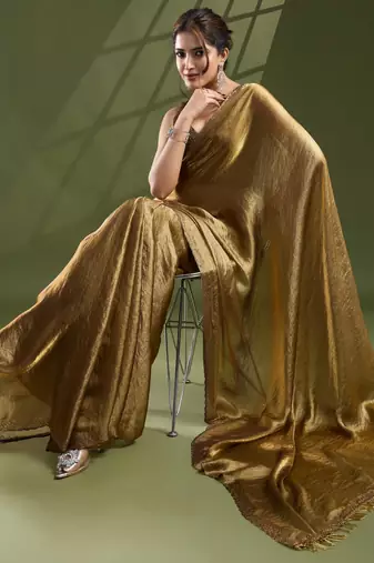 Women's gold silk blend swaroski work saree with unstitched blouse piece