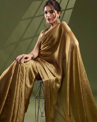 Women's gold silk blend swaroski work saree with unstitched blouse piece 2