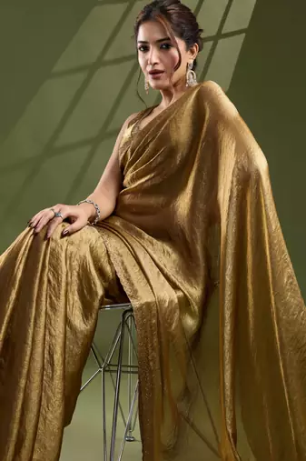 Women's gold silk blend swaroski work saree with unstitched blouse piece
