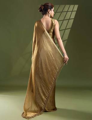 Women's gold silk blend swaroski work saree with unstitched blouse piece 3