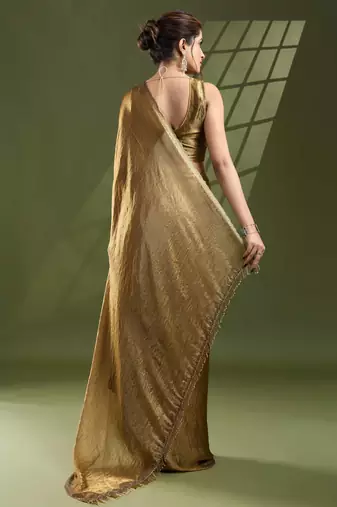 Women's gold silk blend swaroski work saree with unstitched blouse piece